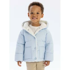Baby unisex padded jacket with faux fur trim light blue