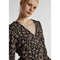 Black Ditsy Print Button Front Top