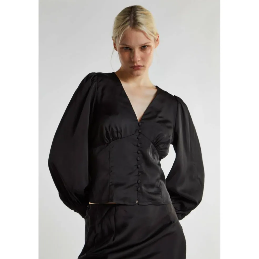 Black Satin Long Sleeve Top
