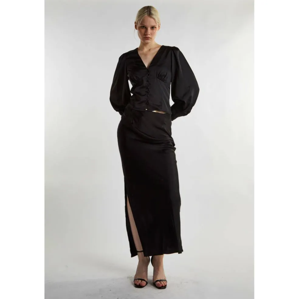 Black Satin Long Sleeve Top