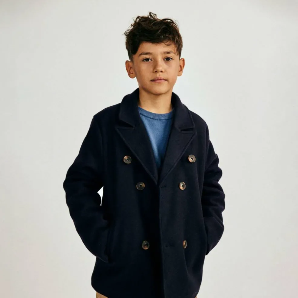 Boys coat double breasted with lapel navy