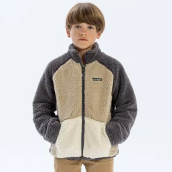 Boys sherpa fleece jacket contrast pocket brown