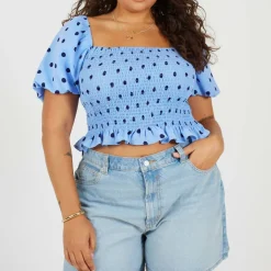 Brave Plus-Size Shirred Bust Polka Dot Top with Puff Sleeves