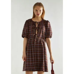 Brown-Blue Check Tie-Front Mini-Dress