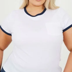 BS Plus Size Short Sleeve T-shit with Contrast Neck and Sleeve Rib and Pocket
