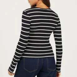 BS Womens Long Sleeve Button Down Striped Jersey Top