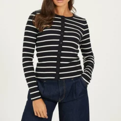 BS Womens Long Sleeve Button Down Striped Jersey Top