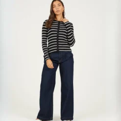 BS Womens Long Sleeve Button Down Striped Jersey Top