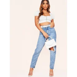 Denim Wash Ripped Straight Leg Jeans