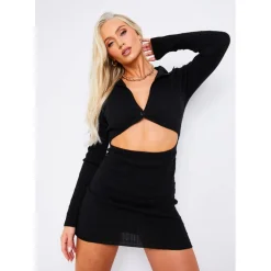Distressed Cut Out Knit Mini Dress With Connected Buttons