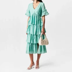 Floral Split Frill Midi Dress