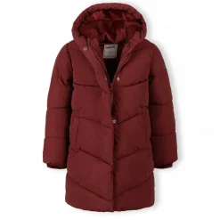 Girls long quilted winter jacket zip press studs burgundy