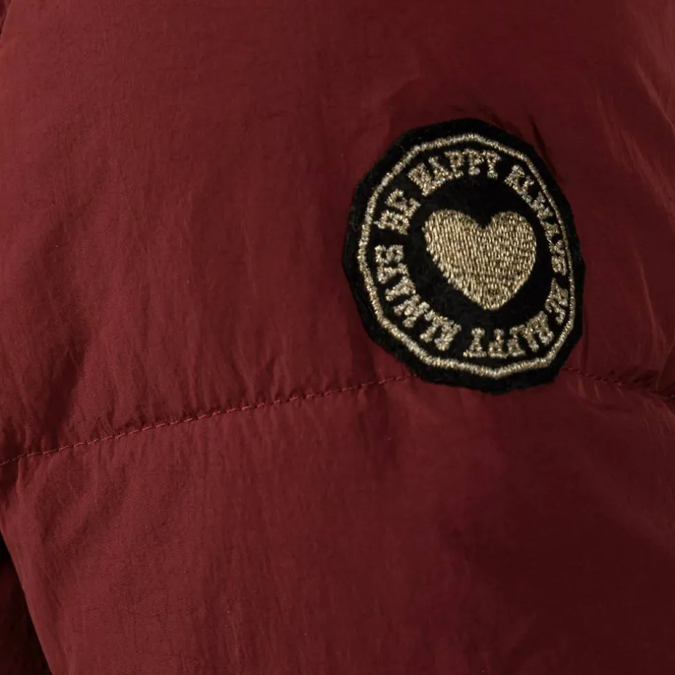 Girls long quilted winter jacket zip press studs burgundy