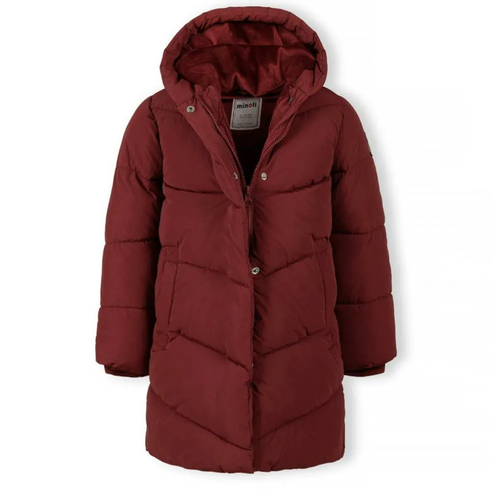 Girls long quilted winter jacket zip press studs burgundy