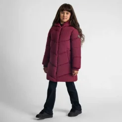 Girls long quilted winter jacket zip press studs burgundy