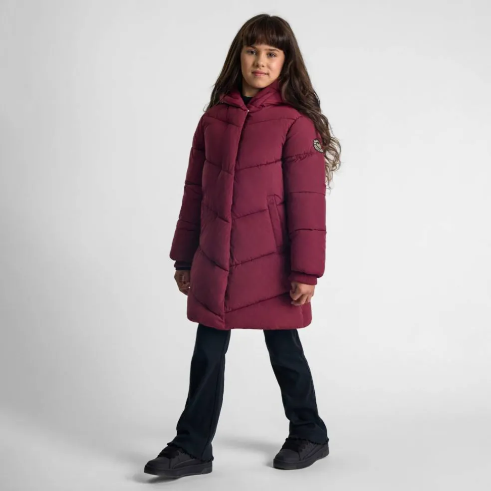 Girls long quilted winter jacket zip press studs burgundy