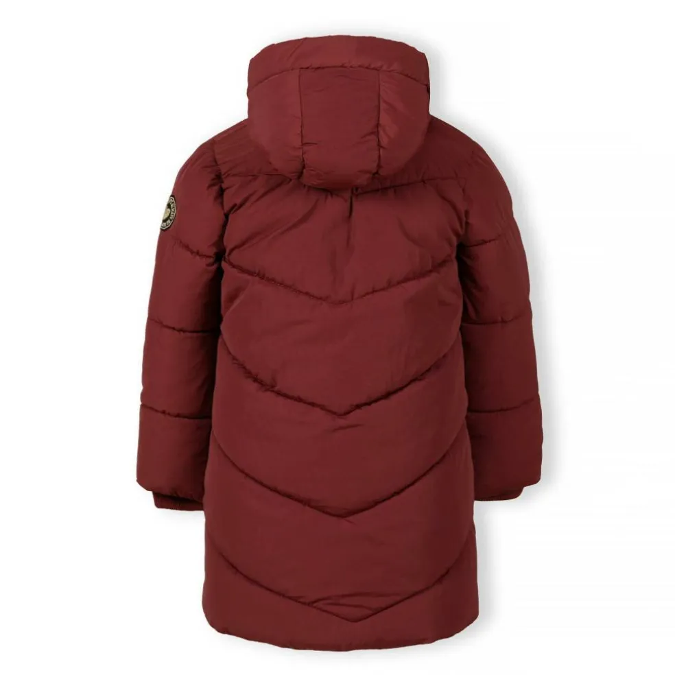 Girls long quilted winter jacket zip press studs burgundy