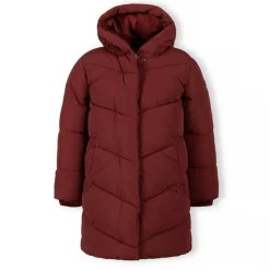 Girls long quilted winter jacket zip press studs burgundy