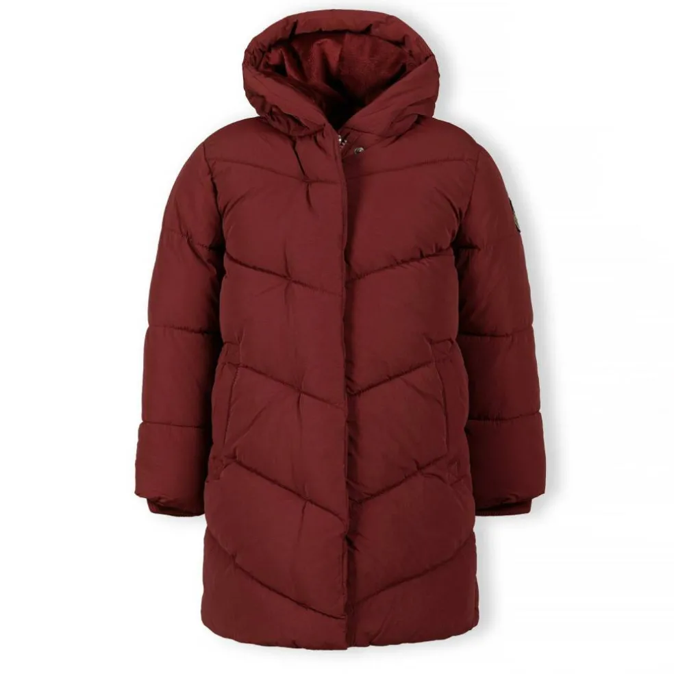 Girls long quilted winter jacket zip press studs burgundy