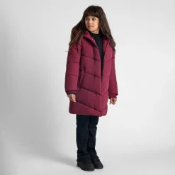 Girls long quilted winter jacket zip press studs burgundy