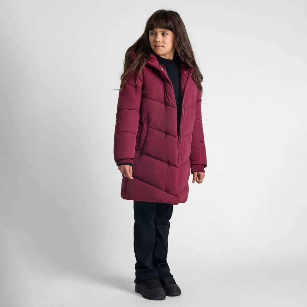 Girls long quilted winter jacket zip press studs burgundy