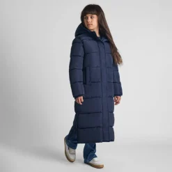 Girls long winter quilted coat fixed hood navy