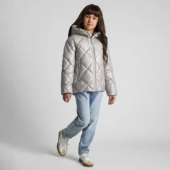 Girls quilted jacket with hood and zip pockets silver