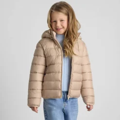 Girls quilted jacket with zip removable hood beige