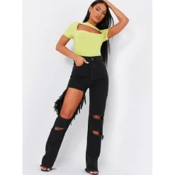 High Waisted Cut Out Ripped Denim Jeans