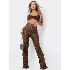 High Waisted Ruched PU Trousers