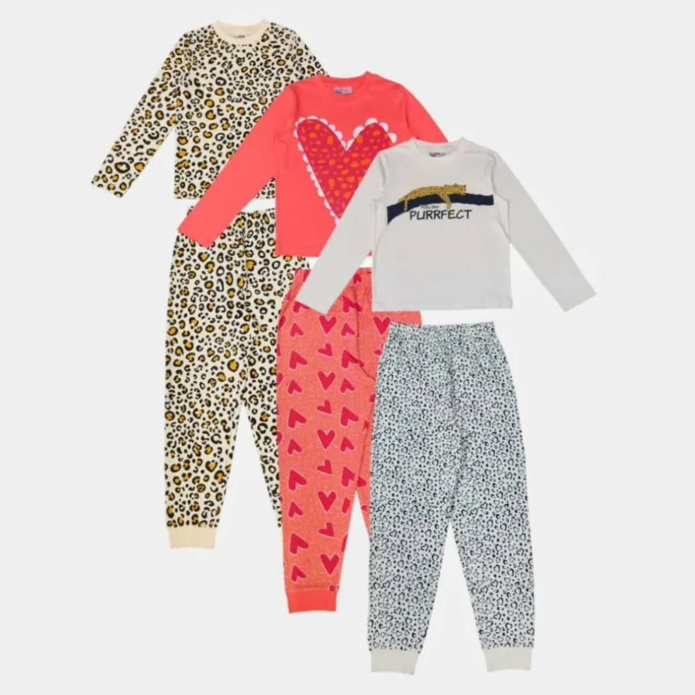 Kids' 3 Pack Cotton Fruit & Animal Print Long Sleeve Pyjama Set