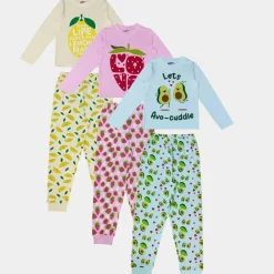 Kids' 3 Pack Cotton Fruit & Animal Print Long Sleeve Pyjama Set