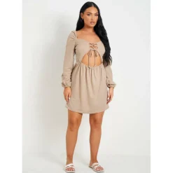 Lace Up Front Cut Out Long Sleeve Dress