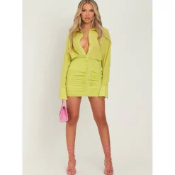 Long Sleeve Plunge Front Ruched Skirt Mini Dress