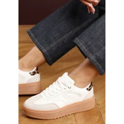 Low Wedge Lace up trainer with leopard print heel detail