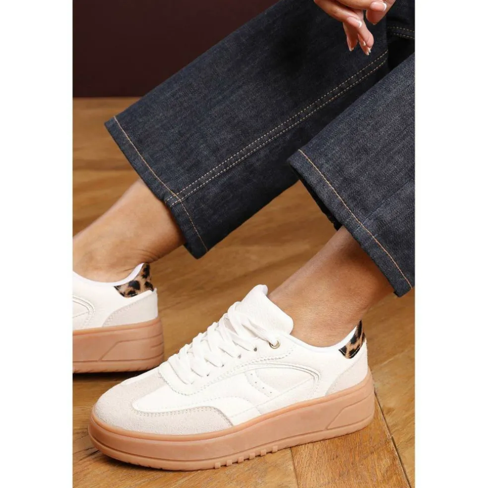 Low Wedge Lace up trainer with leopard print heel detail