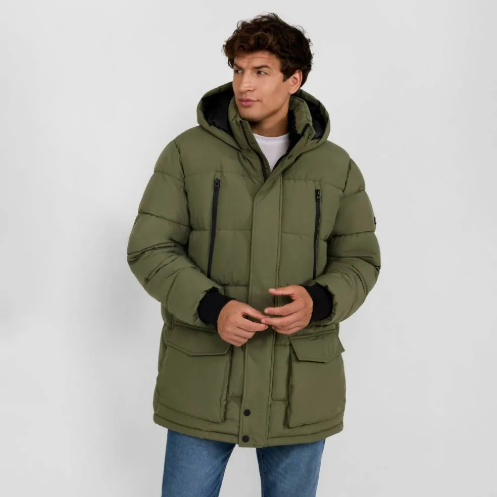 Men long jacket fleece lined zip pockets khaki
