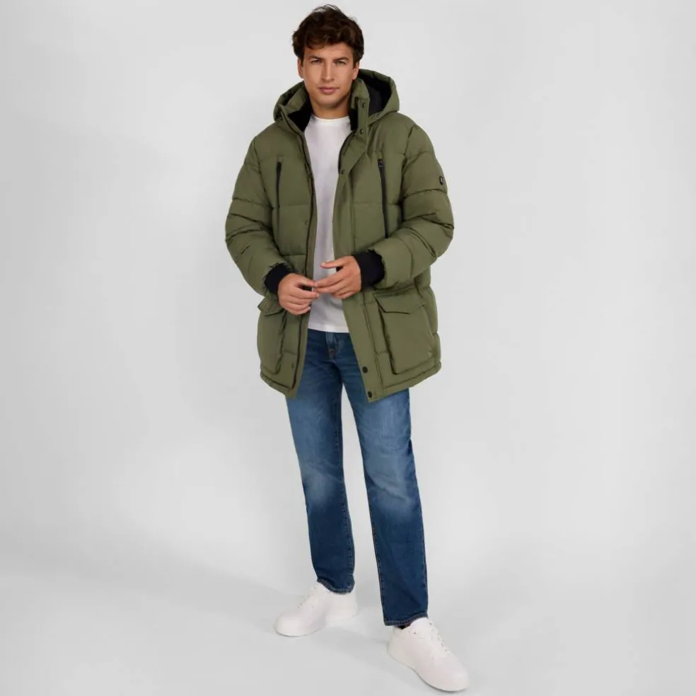 Men long jacket fleece lined zip pockets khaki