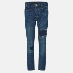Mens Dark Blue Biker Jeans with Rip & Repair Patch Details