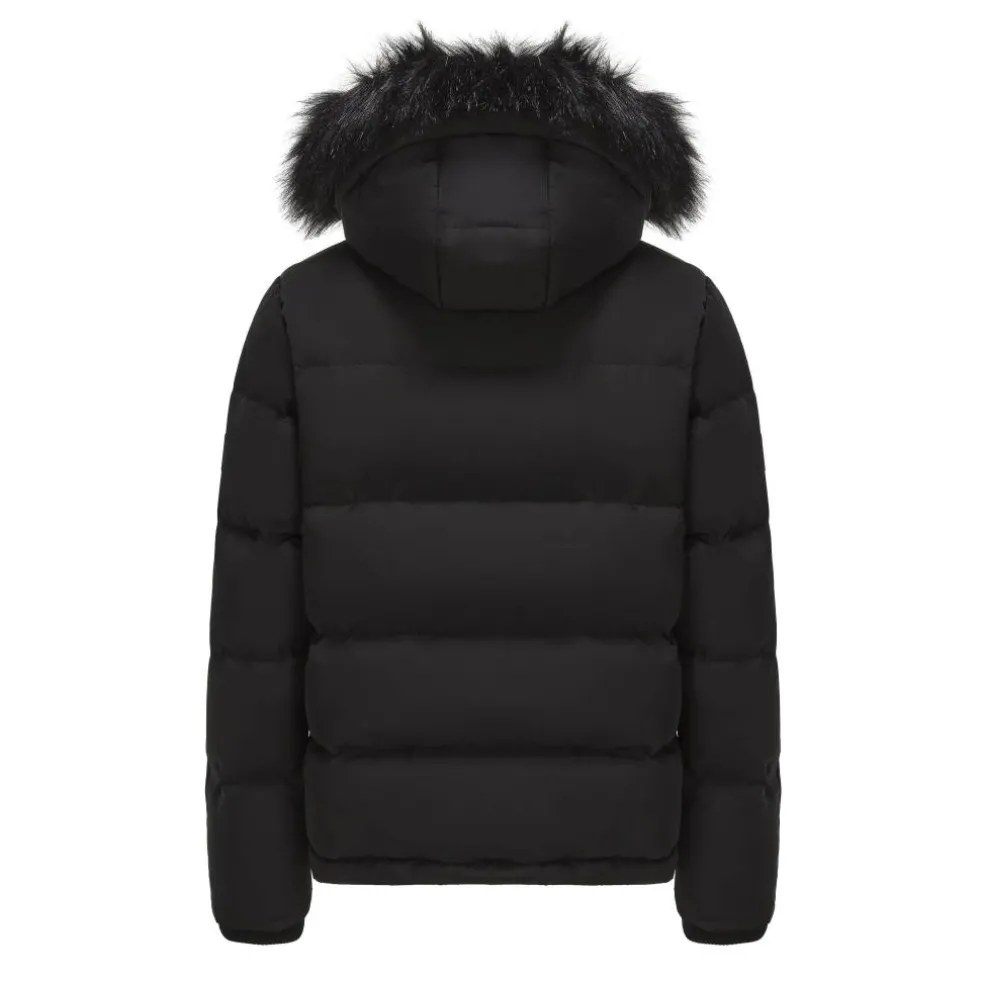 Men's 2 Zip Bubble Faux Fur Trim Fleece Lined Short Puffer Jacket
