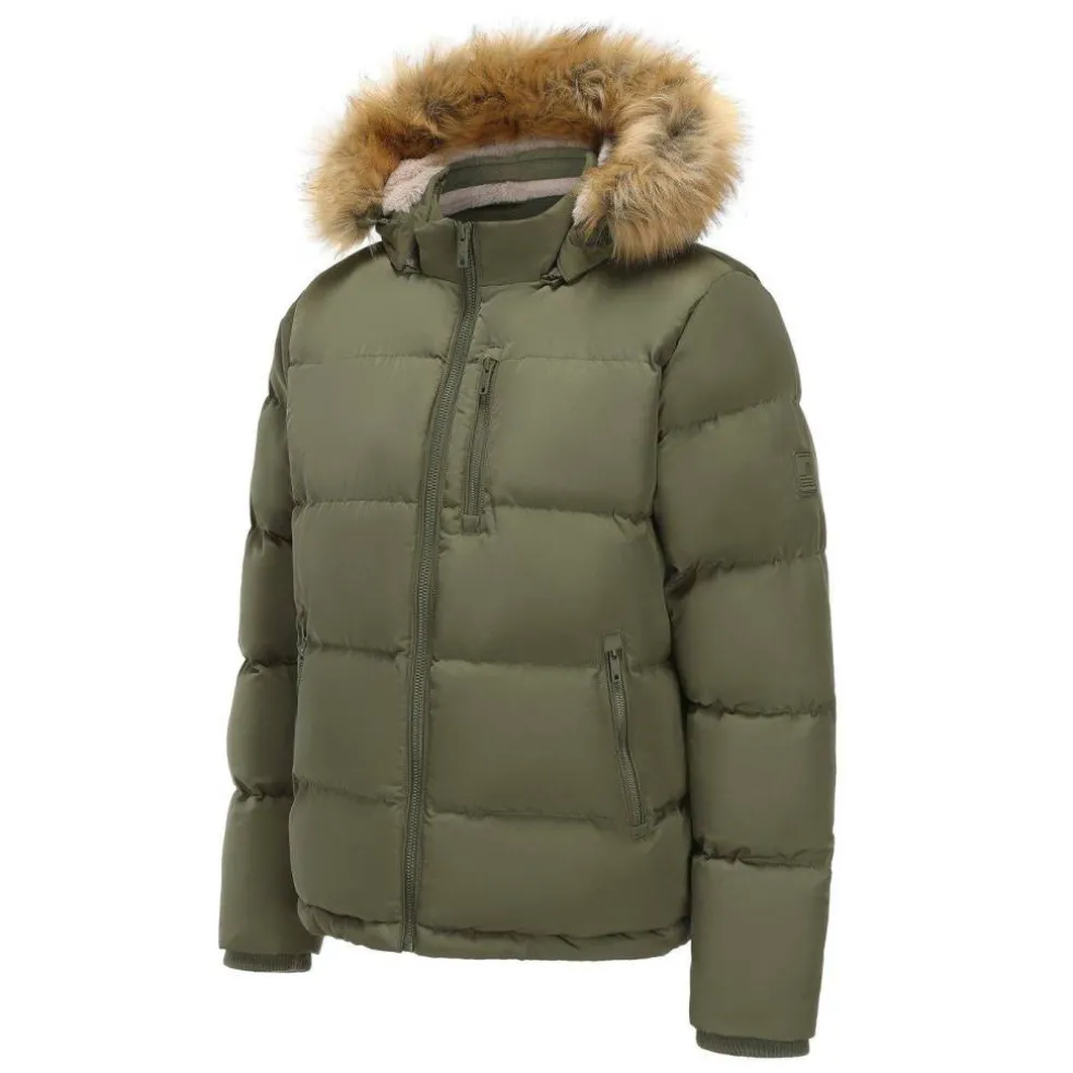 Men's 2 Zip Bubble Faux Fur Trim Fleece Lined Short Puffer Jacket