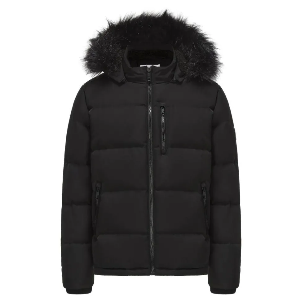 Men's 2 Zip Bubble Faux Fur Trim Fleece Lined Short Puffer Jacket