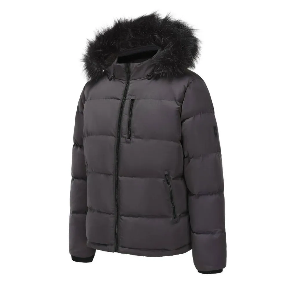 Men's 2 Zip Bubble Faux Fur Trim Fleece Lined Short Puffer Jacket