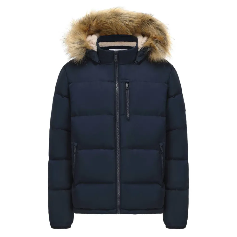 Men's 2 Zip Bubble Faux Fur Trim Fleece Lined Short Puffer Jacket