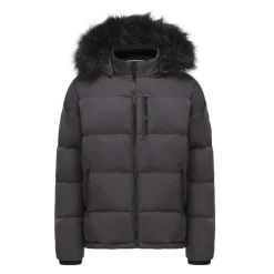 Men's 2 Zip Bubble Faux Fur Trim Fleece Lined Short Puffer Jacket