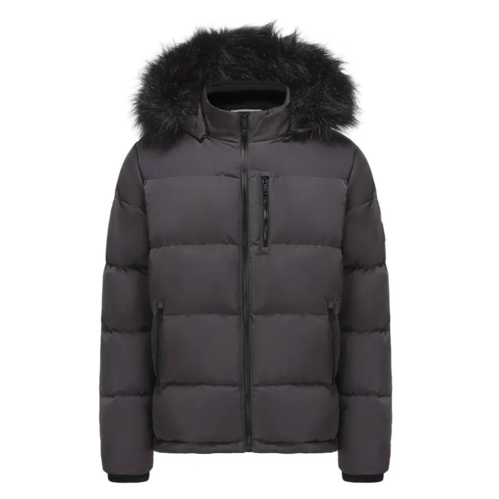 Men's 2 Zip Bubble Faux Fur Trim Fleece Lined Short Puffer Jacket
