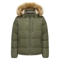 Men's 2 Zip Bubble Faux Fur Trim Fleece Lined Short Puffer Jacket
