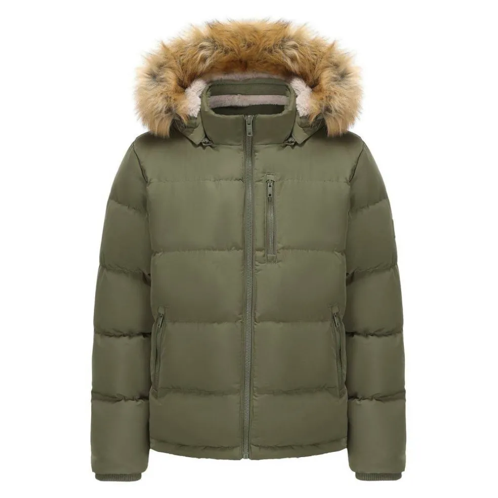 Men's 2 Zip Bubble Faux Fur Trim Fleece Lined Short Puffer Jacket