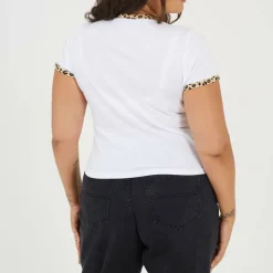 Plus Size Short Sleeve T-shit with Leopard Print Neck and Sleeve Rib