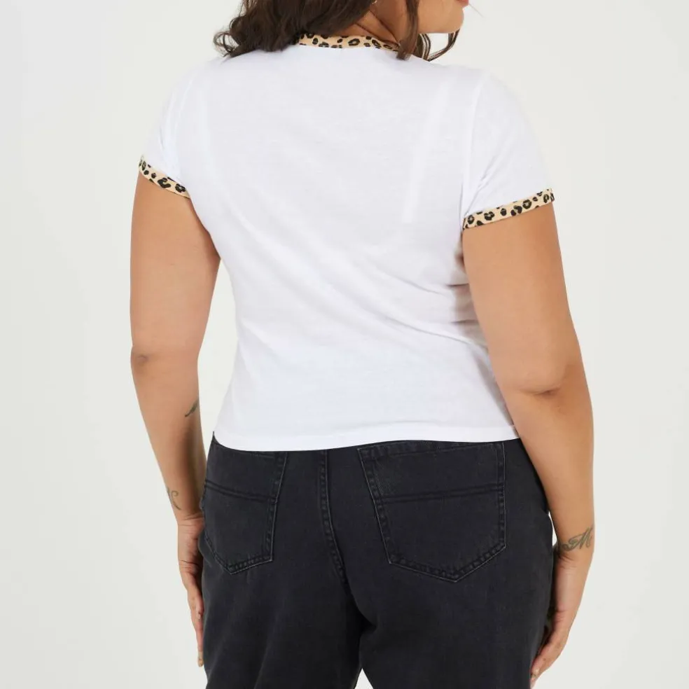 Plus Size Short Sleeve T-shit with Leopard Print Neck and Sleeve Rib